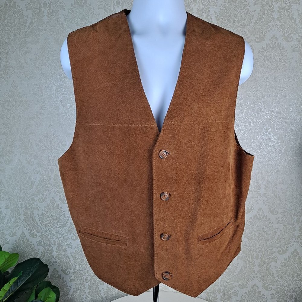 Greatland Apparel Size Medium Brown Leather Vest Nylon Back Vintage EUC